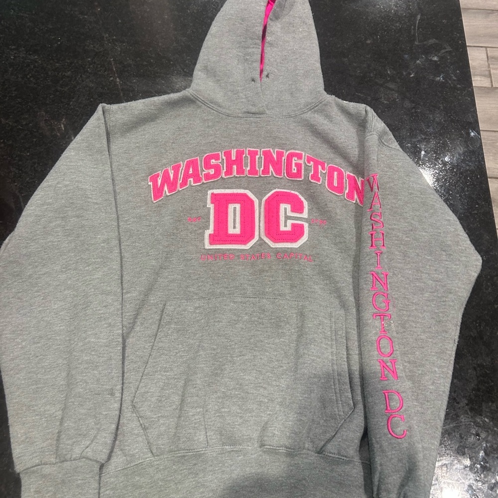 DC Gray Hoodie with Vibrant Pink Lining